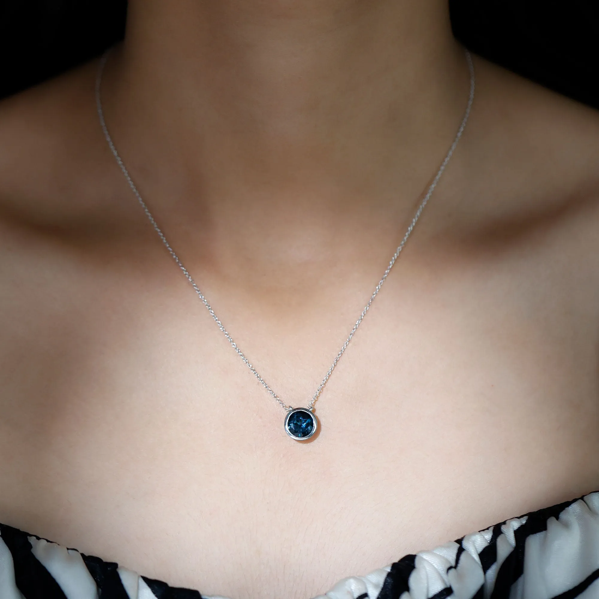 8 MM Solitaire London Blue Topaz Necklace in Bezel Setting