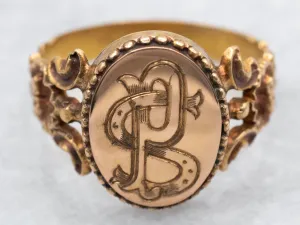 800 Gold "PS" Engraved Signet Ring with Ornate Shoulders