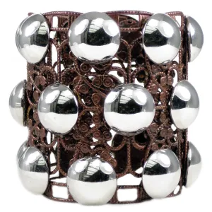 #880b Copper Tone Filigree & Silver Button Cuff Bracelet