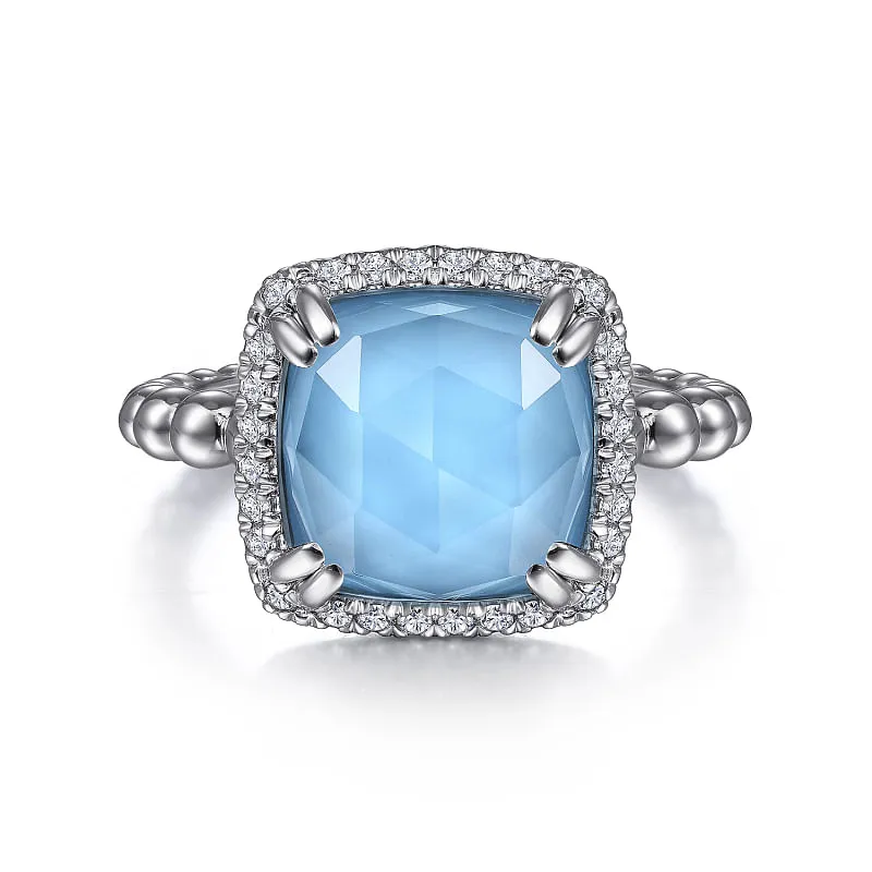 925 Sterling Silver White Sapphire and Turquoise Halo Signet Ring