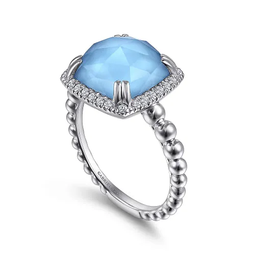 925 Sterling Silver White Sapphire and Turquoise Halo Signet Ring