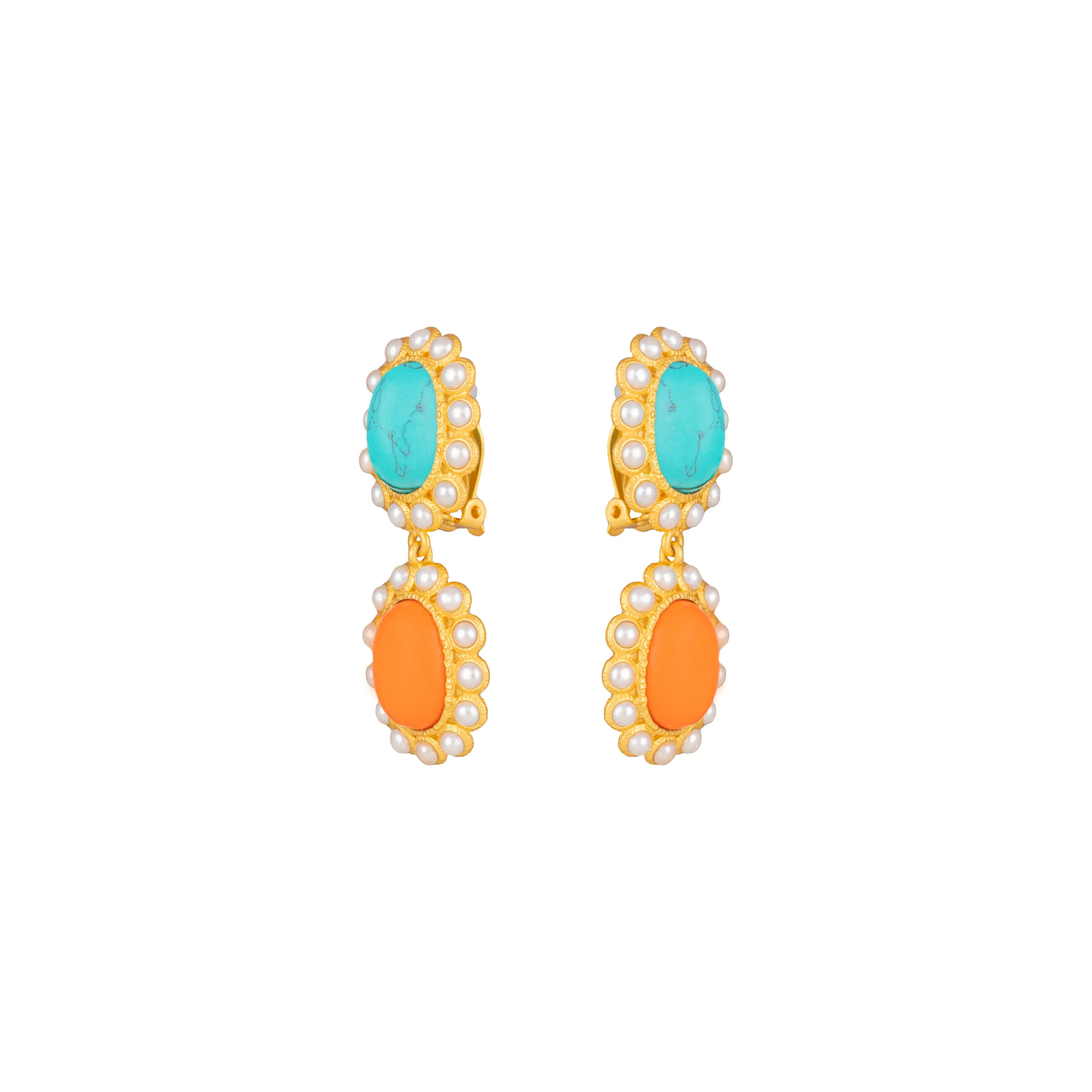 Ada Earrings Orange Coral, Turquoise & Pearls