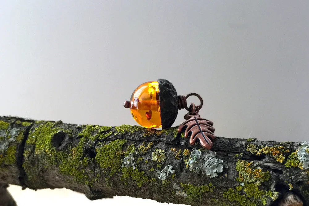 Amber and Copper Acorn Necklace | Nature Jewelry | Fall Acorn Charm Necklace | Lucite Amber Pendant