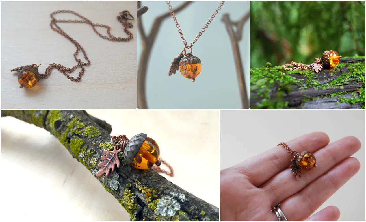 Amber and Copper Acorn Necklace | Nature Jewelry | Fall Acorn Charm Necklace | Lucite Amber Pendant