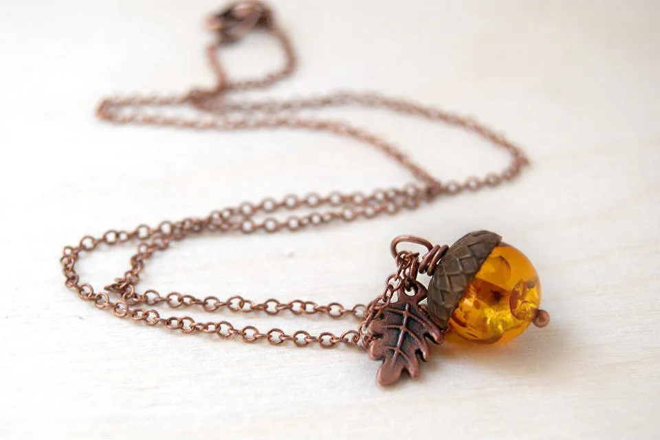 Amber and Copper Acorn Necklace | Nature Jewelry | Fall Acorn Charm Necklace | Lucite Amber Pendant