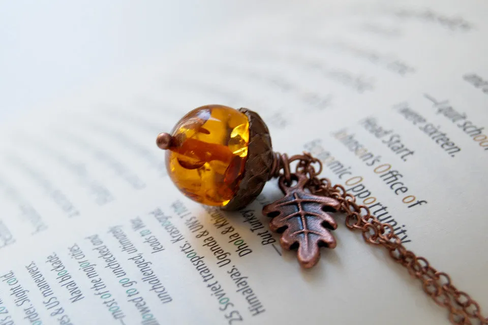 Amber and Copper Acorn Necklace | Nature Jewelry | Fall Acorn Charm Necklace | Lucite Amber Pendant