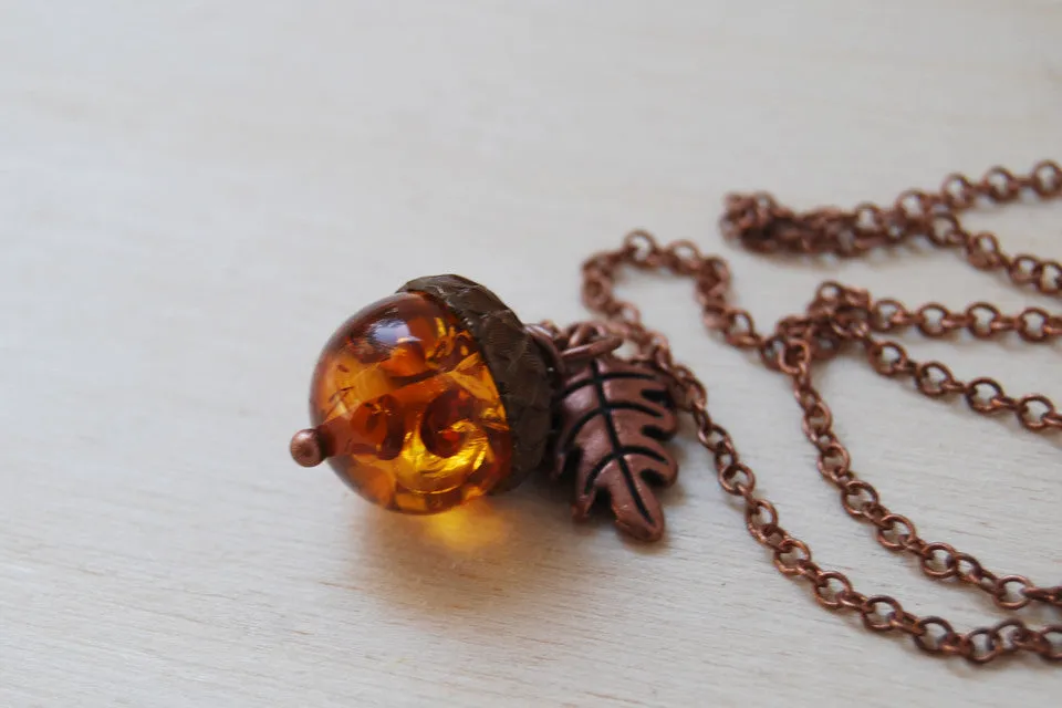 Amber and Copper Acorn Necklace | Nature Jewelry | Fall Acorn Charm Necklace | Lucite Amber Pendant