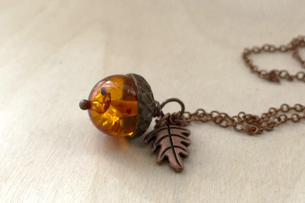 Amber and Copper Acorn Necklace | Nature Jewelry | Fall Acorn Charm Necklace | Lucite Amber Pendant