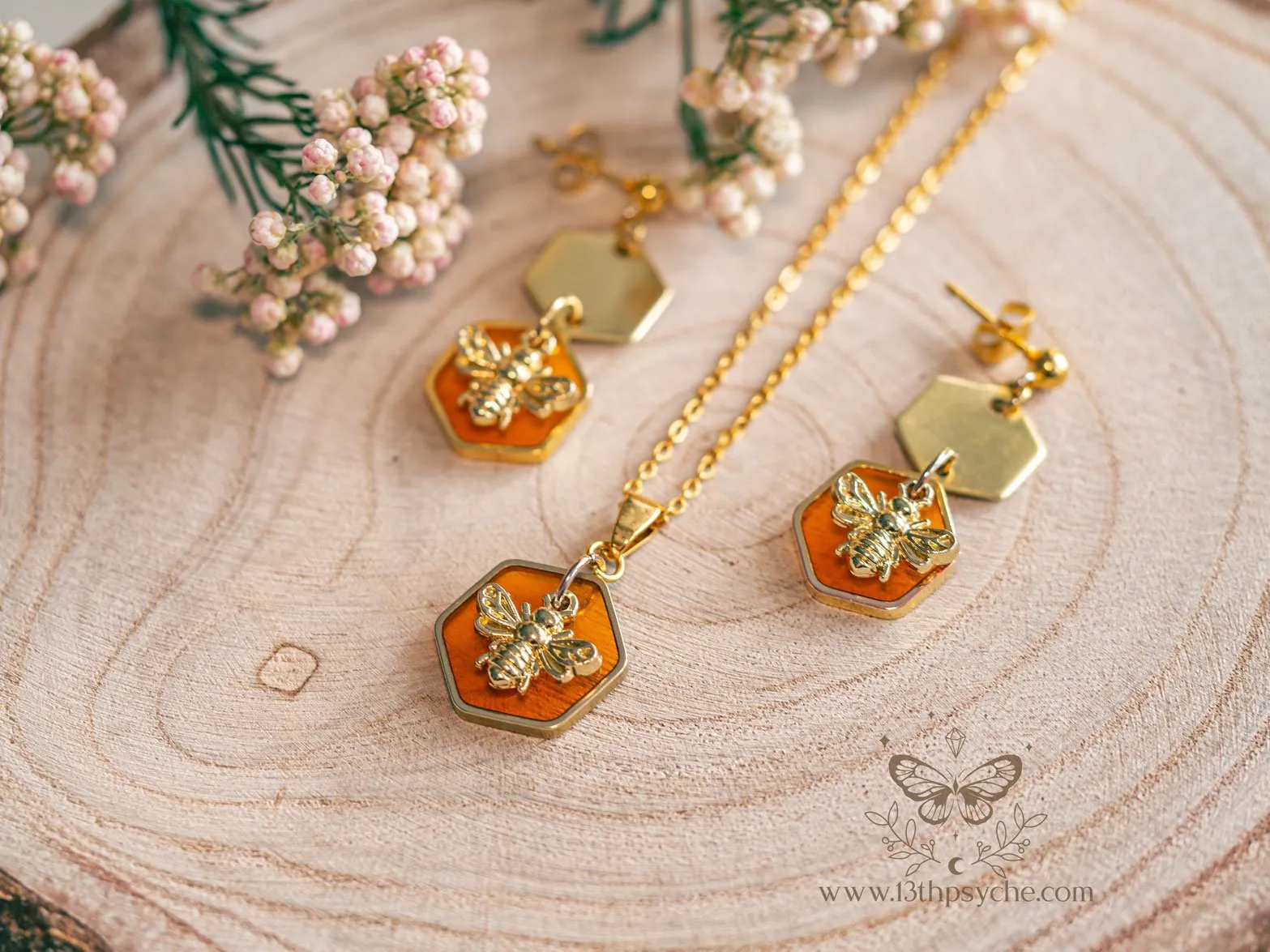 Amber hexagon and bee pendant necklace