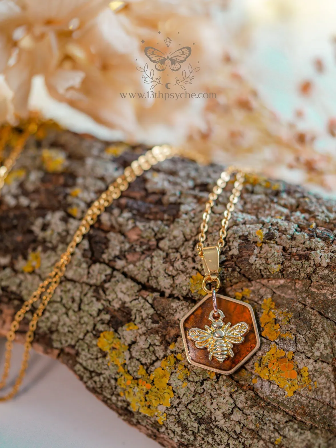 Amber hexagon and bee pendant necklace