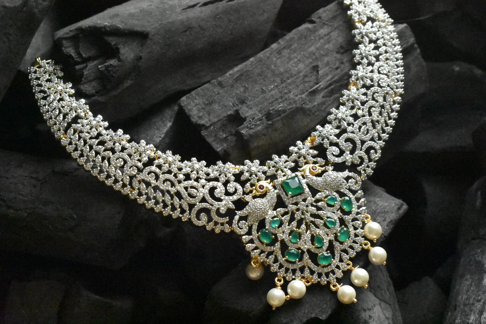 American Diamond Necklace With Emerald Pendant