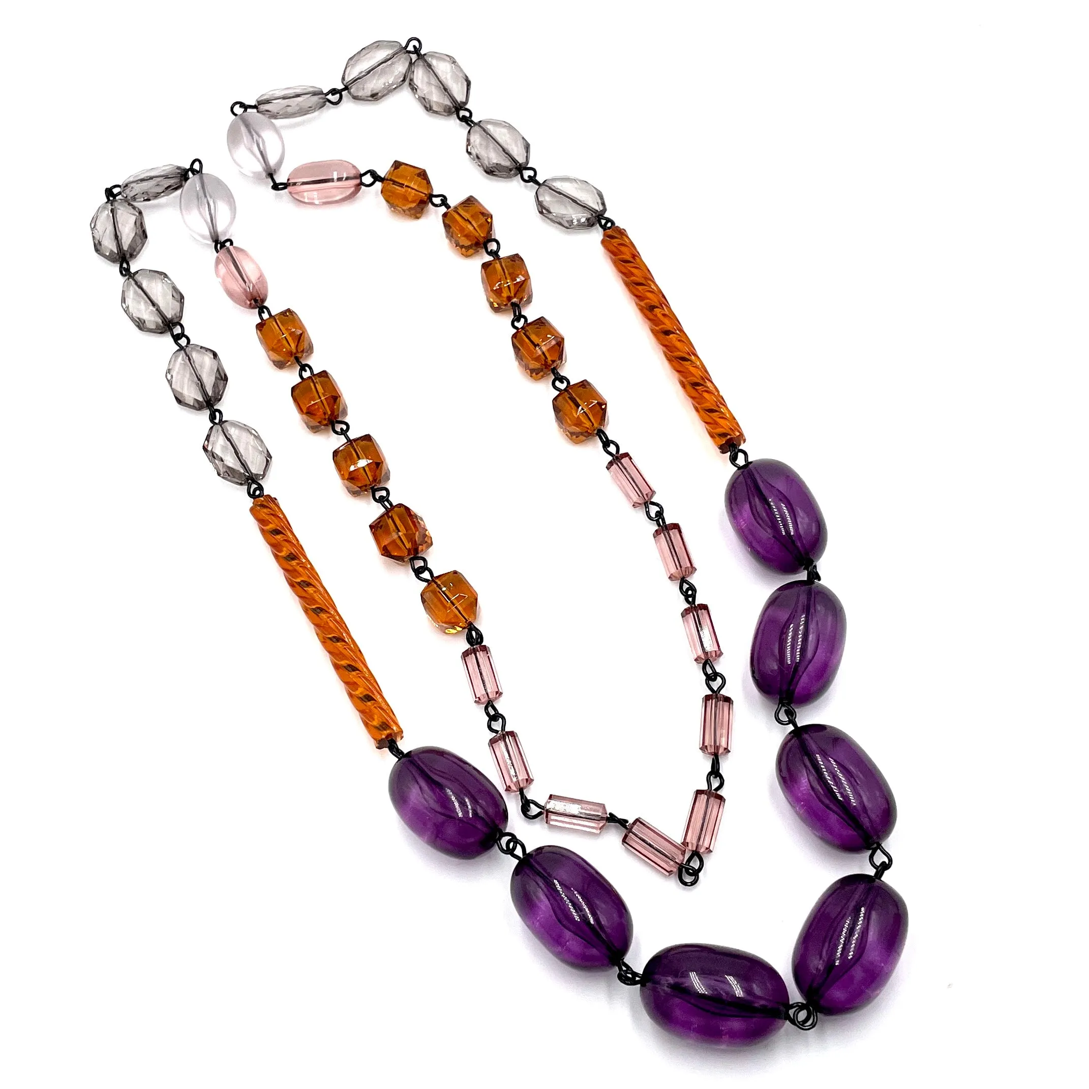 Amethyst & Amber Beaded Rosary Chain Rope Necklace