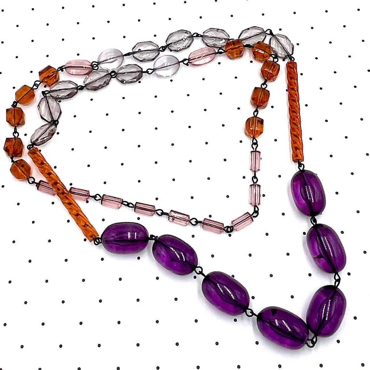 Amethyst & Amber Beaded Rosary Chain Rope Necklace