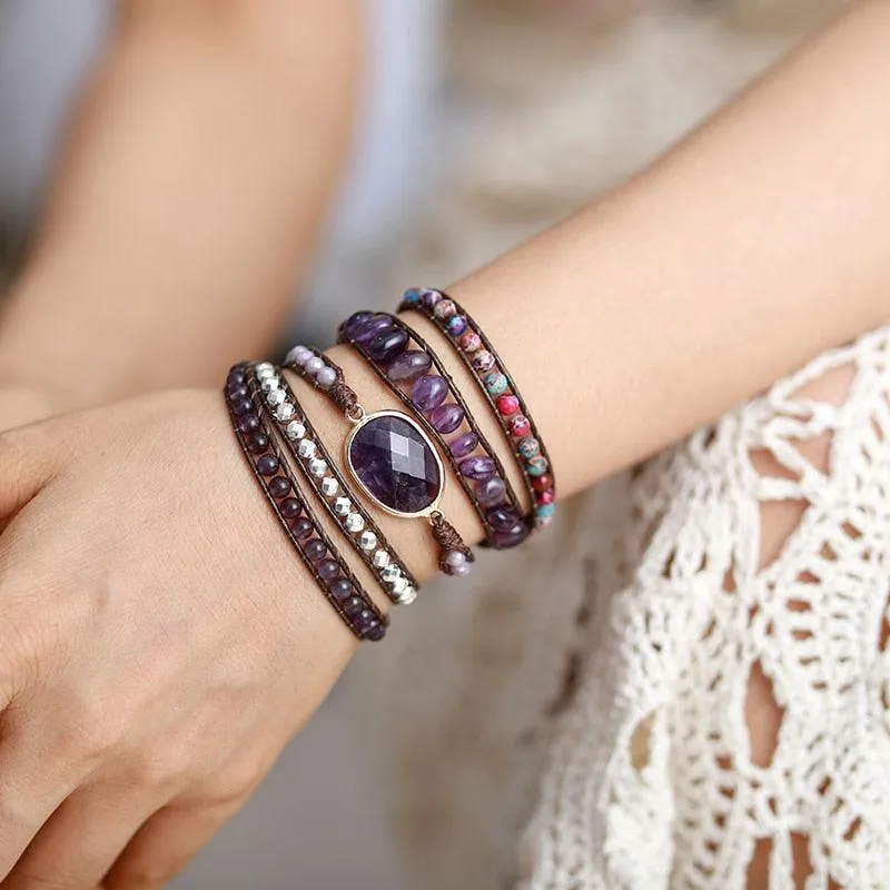 Amethyst Charm Jasper Wax Cord Wrap Bracelet