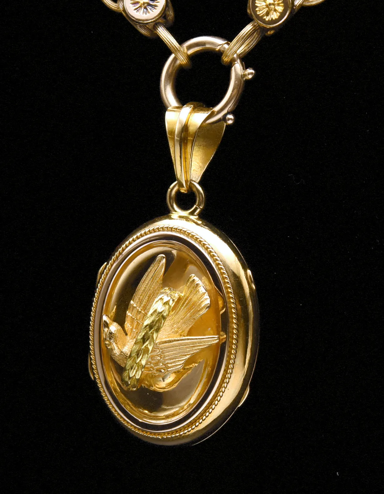 Antique 18k Gold Dove Locket on 18k Chain Necklace - 19.25"