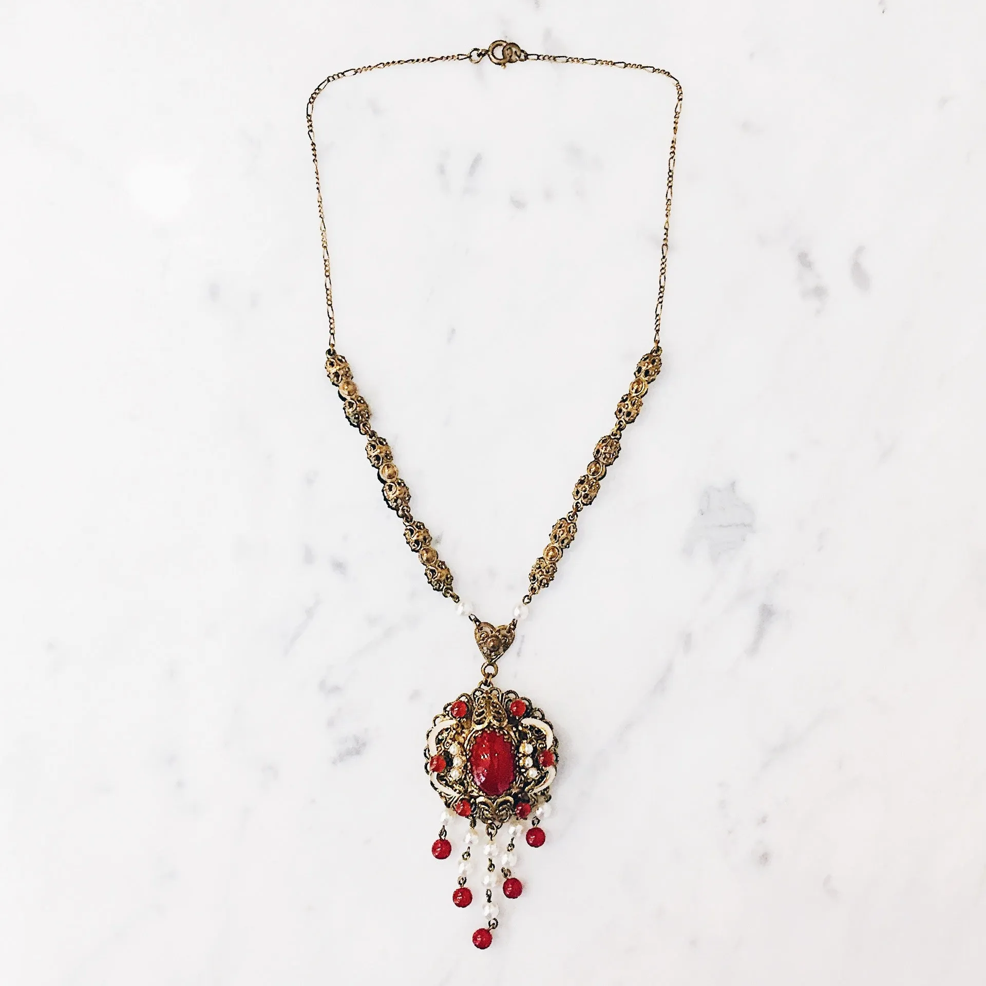 Antique 1930s Bohemian Brass Filigree Necklace - Cherry Amber & Faux Pearl