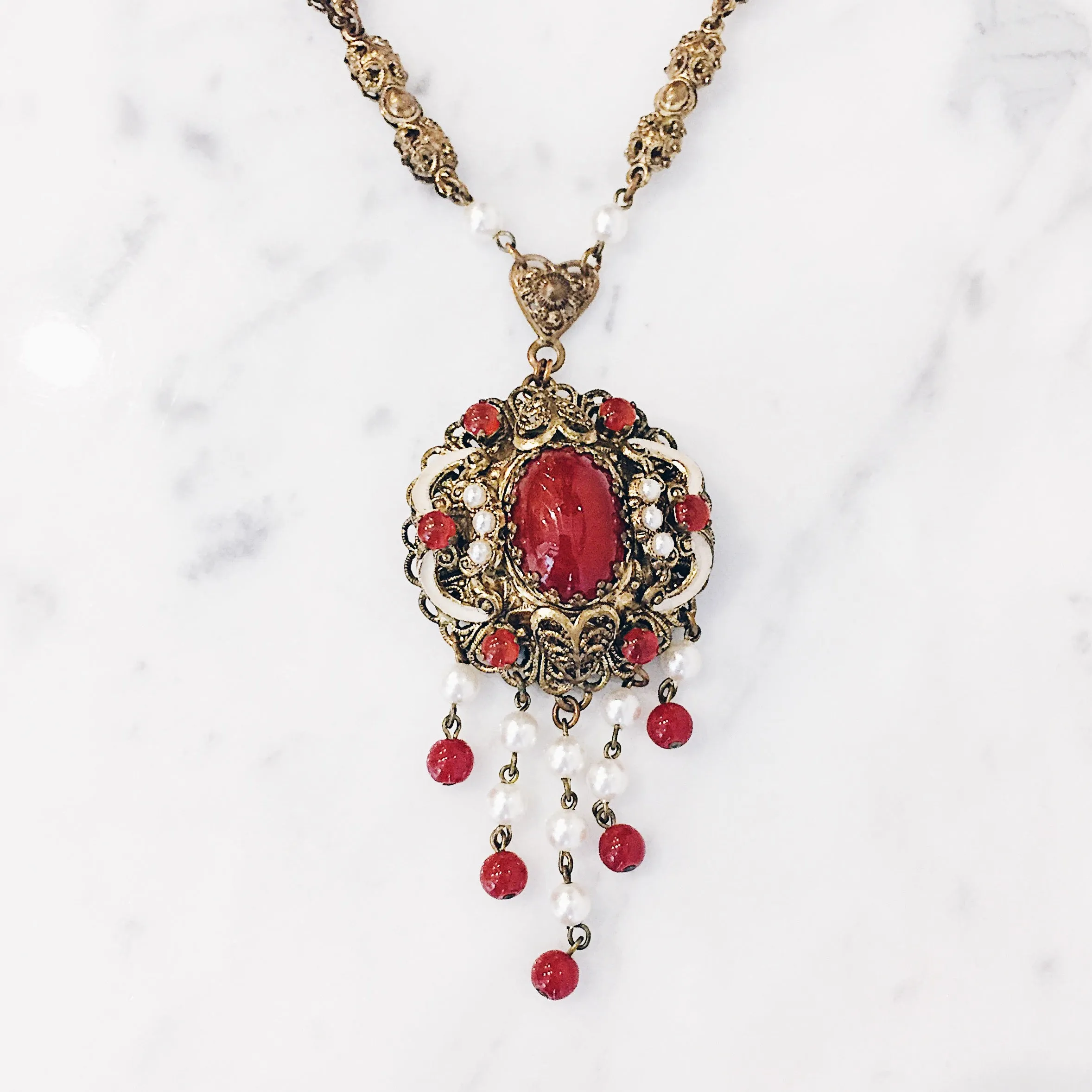 Antique 1930s Bohemian Brass Filigree Necklace - Cherry Amber & Faux Pearl