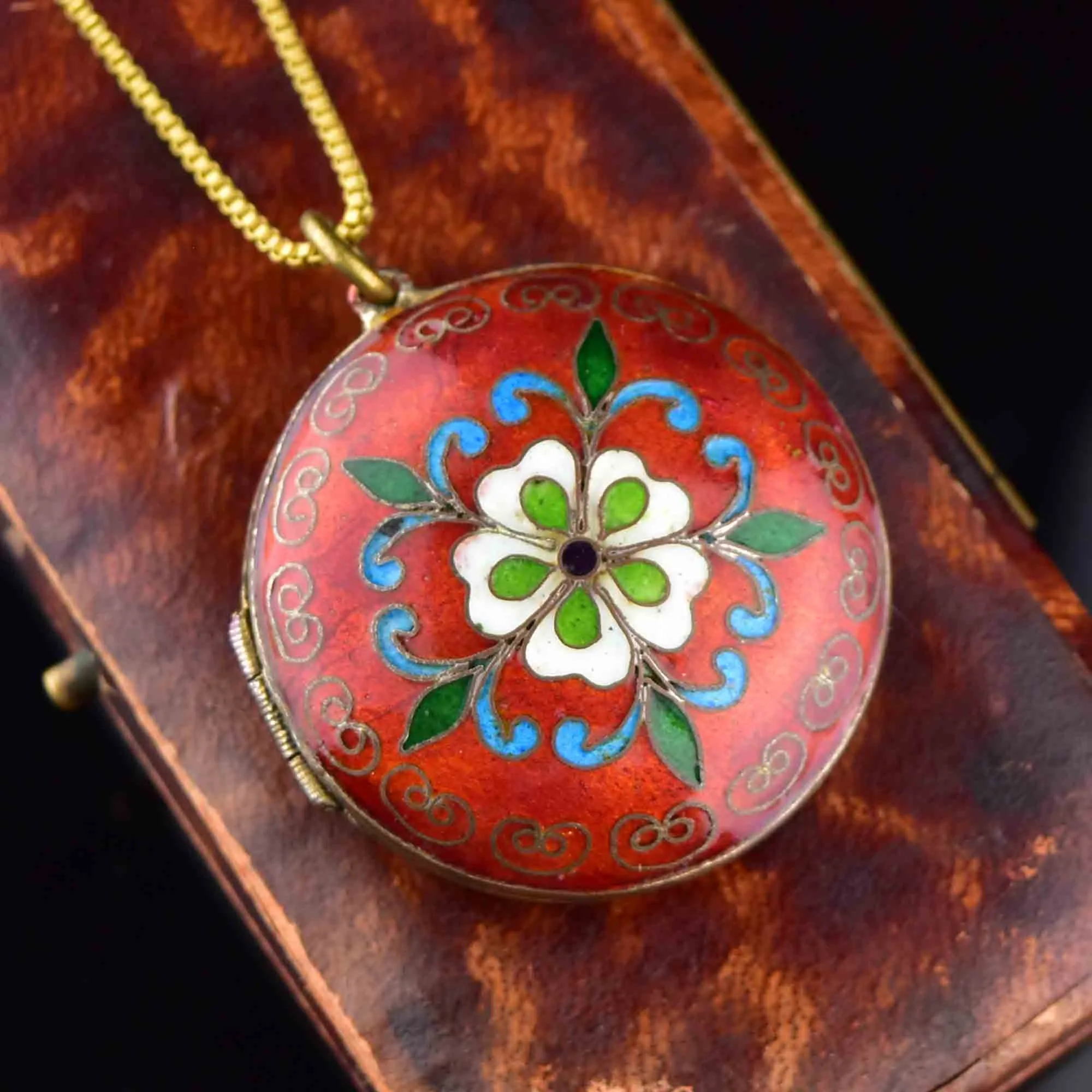 Antique Floral Enamel Keepsake Locket Necklace