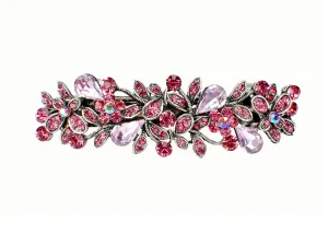 Antique silver metal hair barrette clip with tear drop crystals - Pink