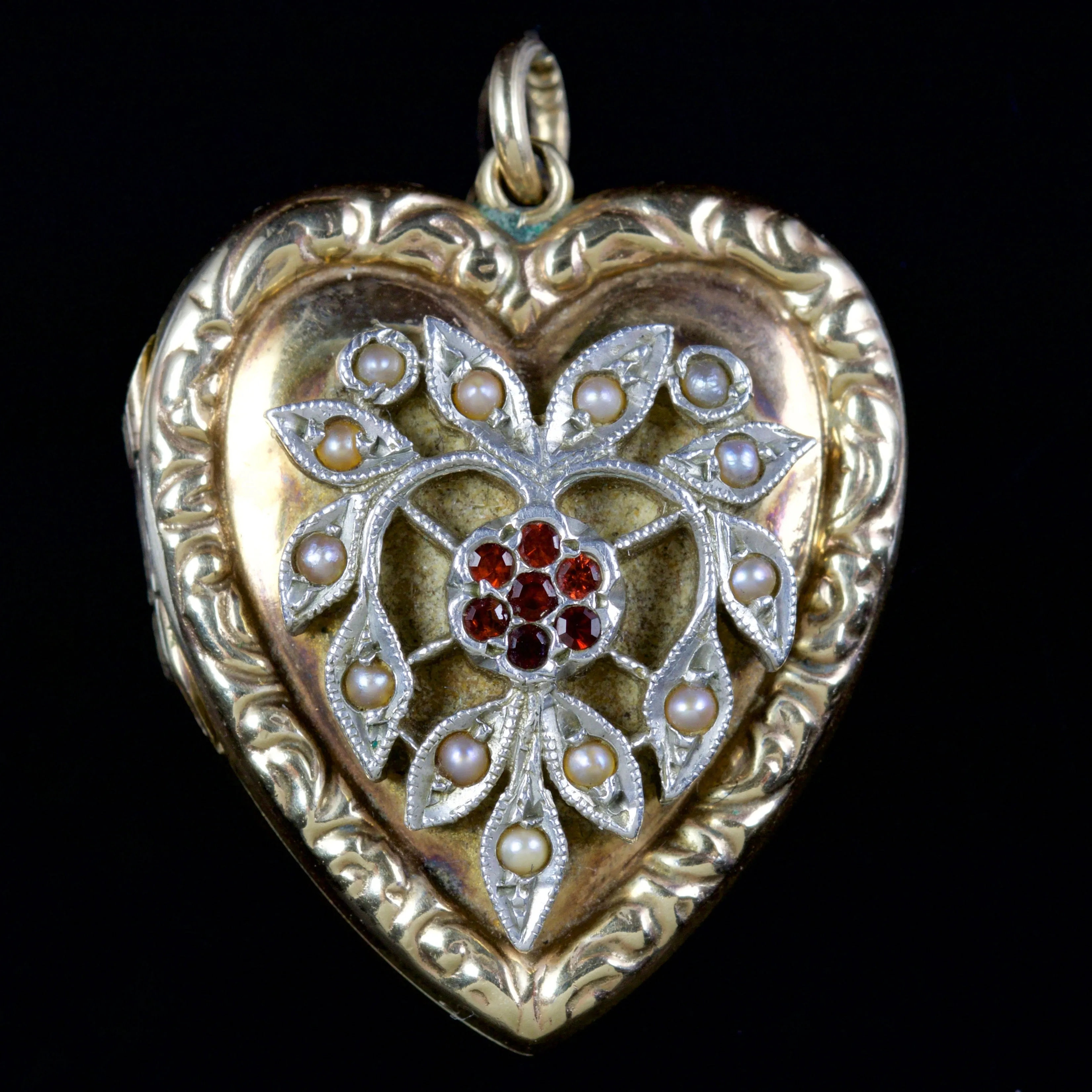 Antique Victorian Heart Locket Garnet Pearl 9Ct Silver Circa 1900