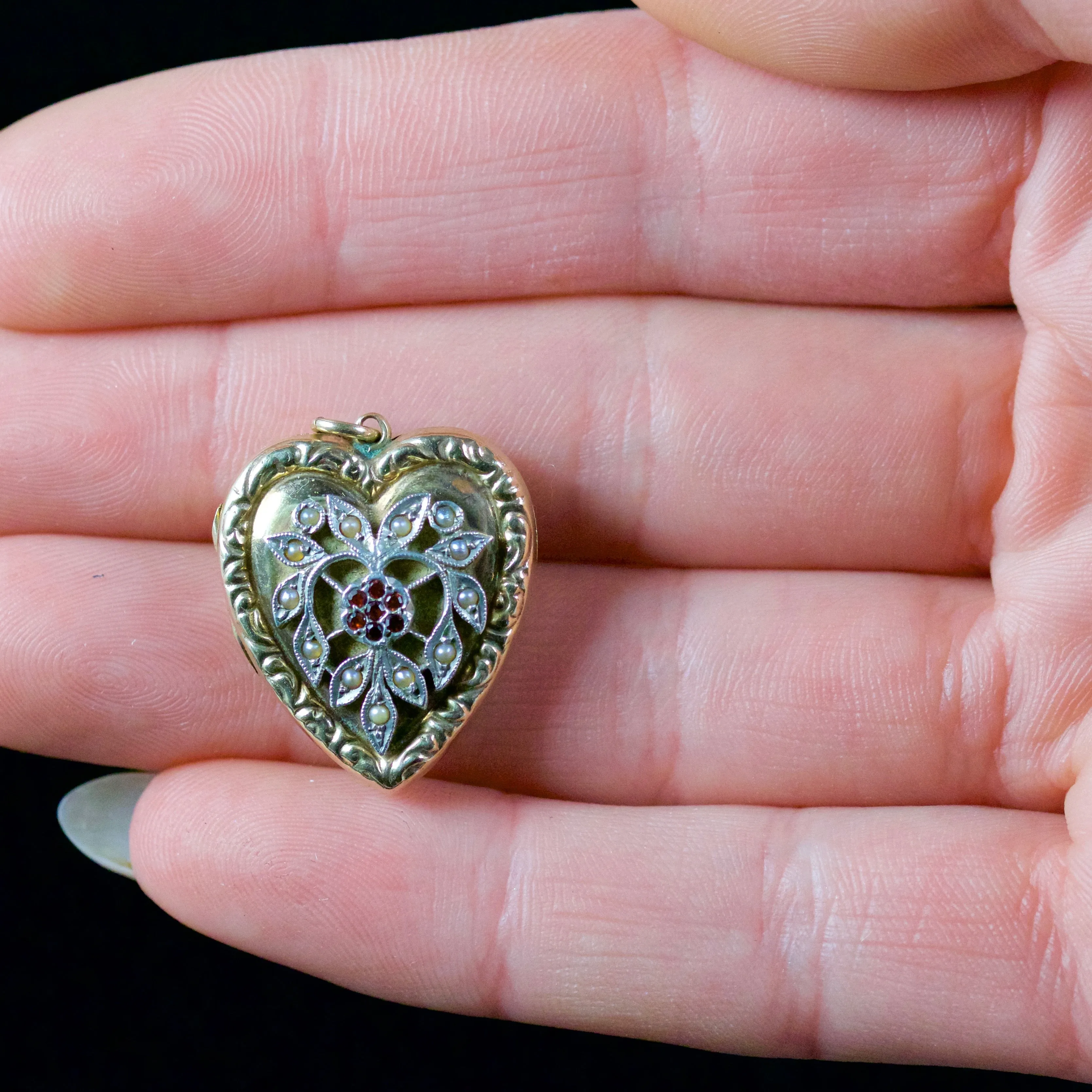 Antique Victorian Heart Locket Garnet Pearl 9Ct Silver Circa 1900