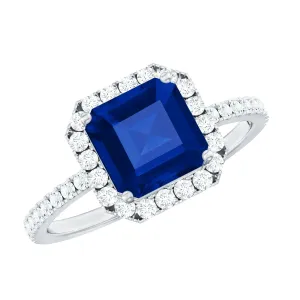 Asscher Cut Created Blue Sapphire Classic Halo Engagement Ring with Diamond