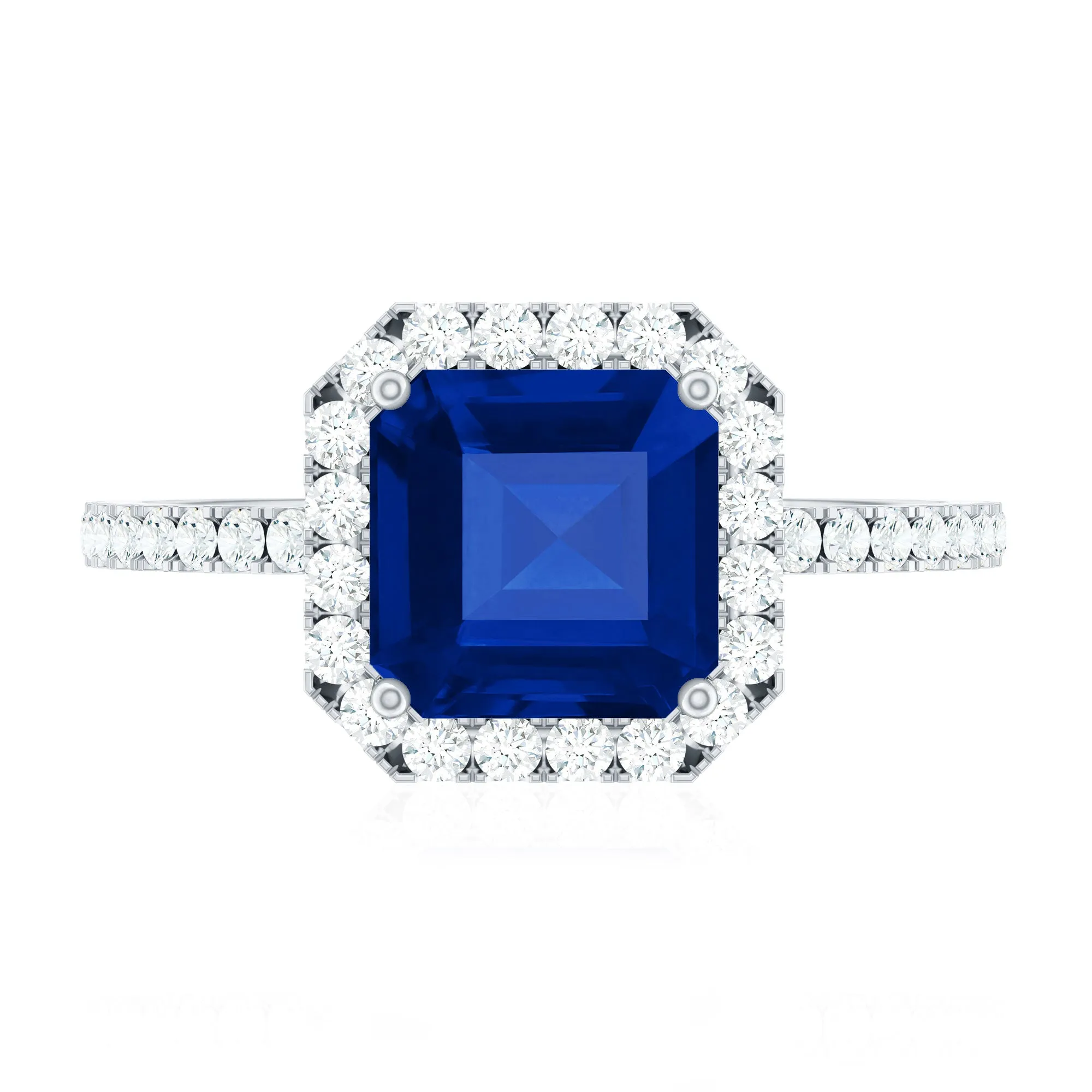 Asscher Cut Created Blue Sapphire Classic Halo Engagement Ring with Diamond