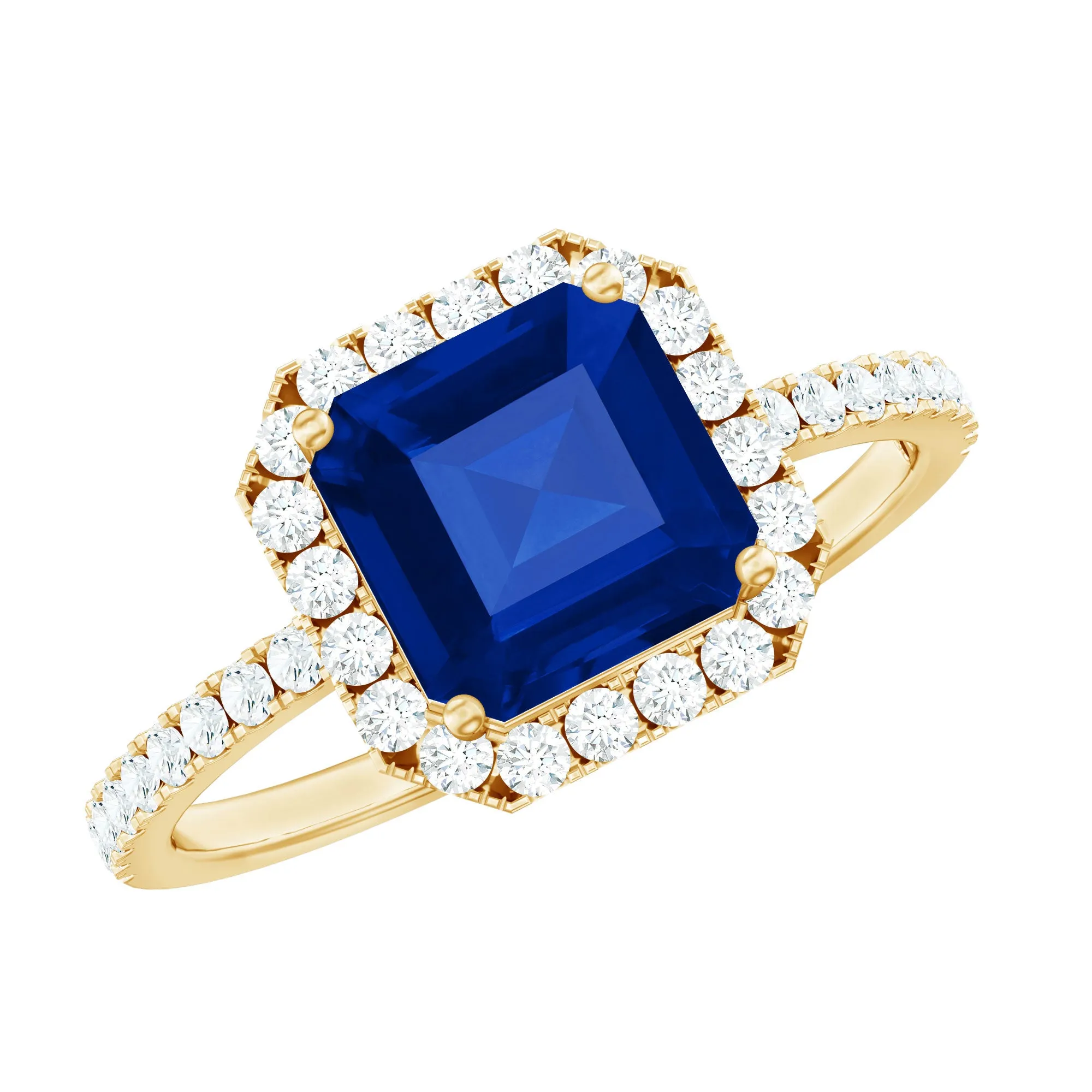 Asscher Cut Created Blue Sapphire Classic Halo Engagement Ring with Diamond