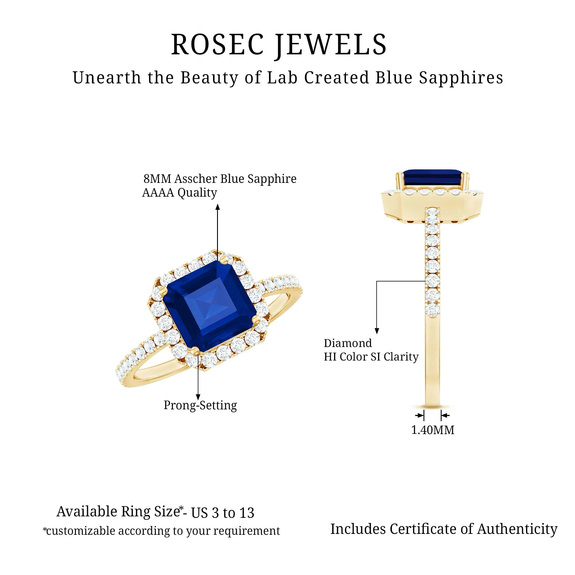 Asscher Cut Created Blue Sapphire Classic Halo Engagement Ring with Diamond