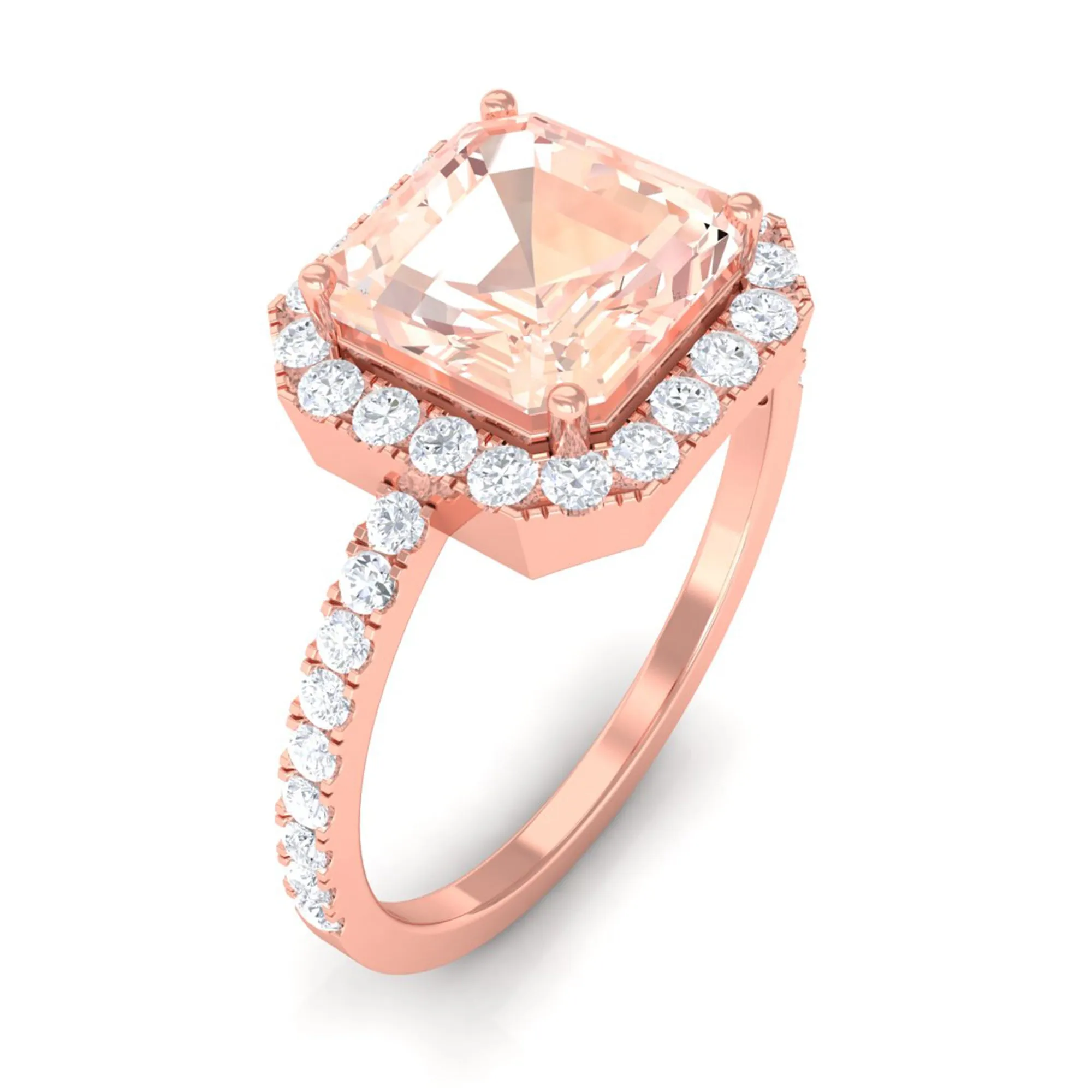 Asscher Cut Morganite Halo Engagement Ring with Diamond