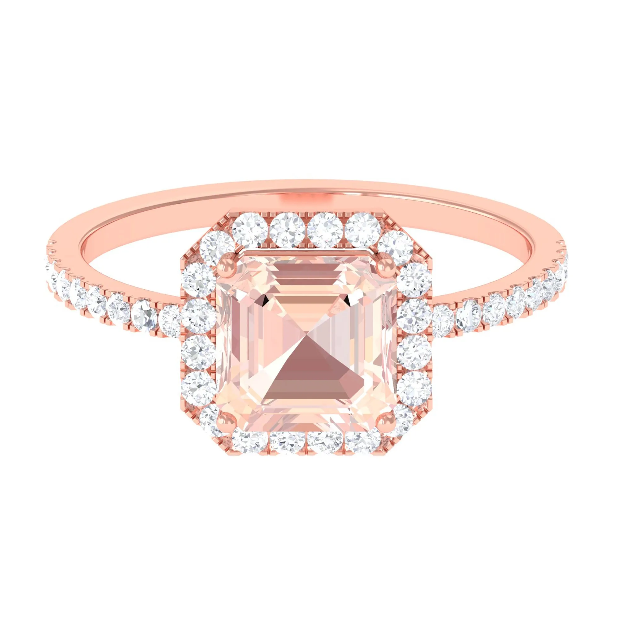 Asscher Cut Morganite Halo Engagement Ring with Diamond