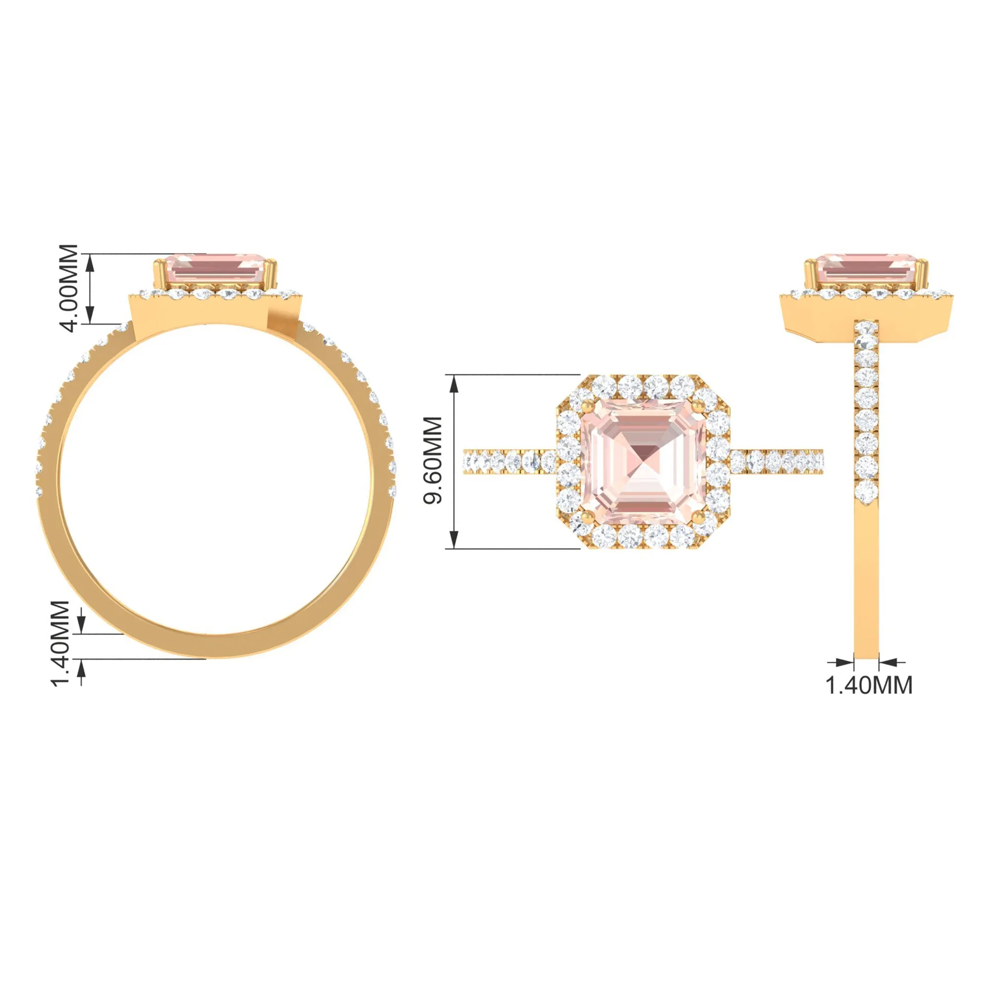 Asscher Cut Morganite Halo Engagement Ring with Diamond