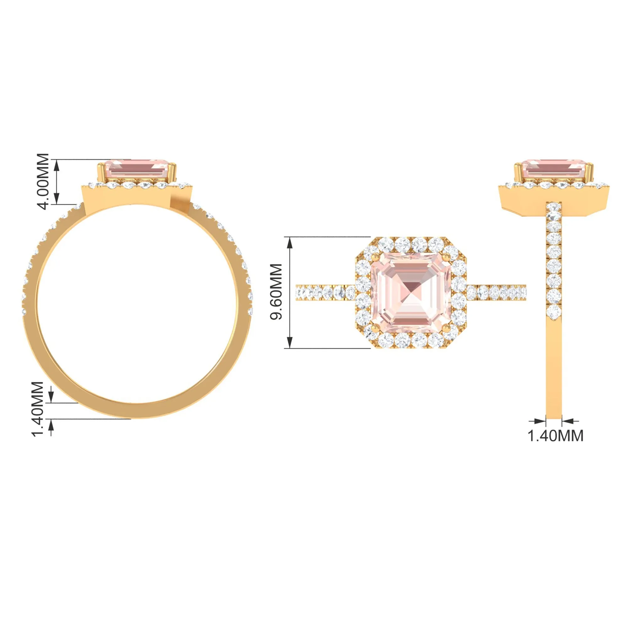 Asscher Cut Morganite Halo Engagement Ring with Diamond