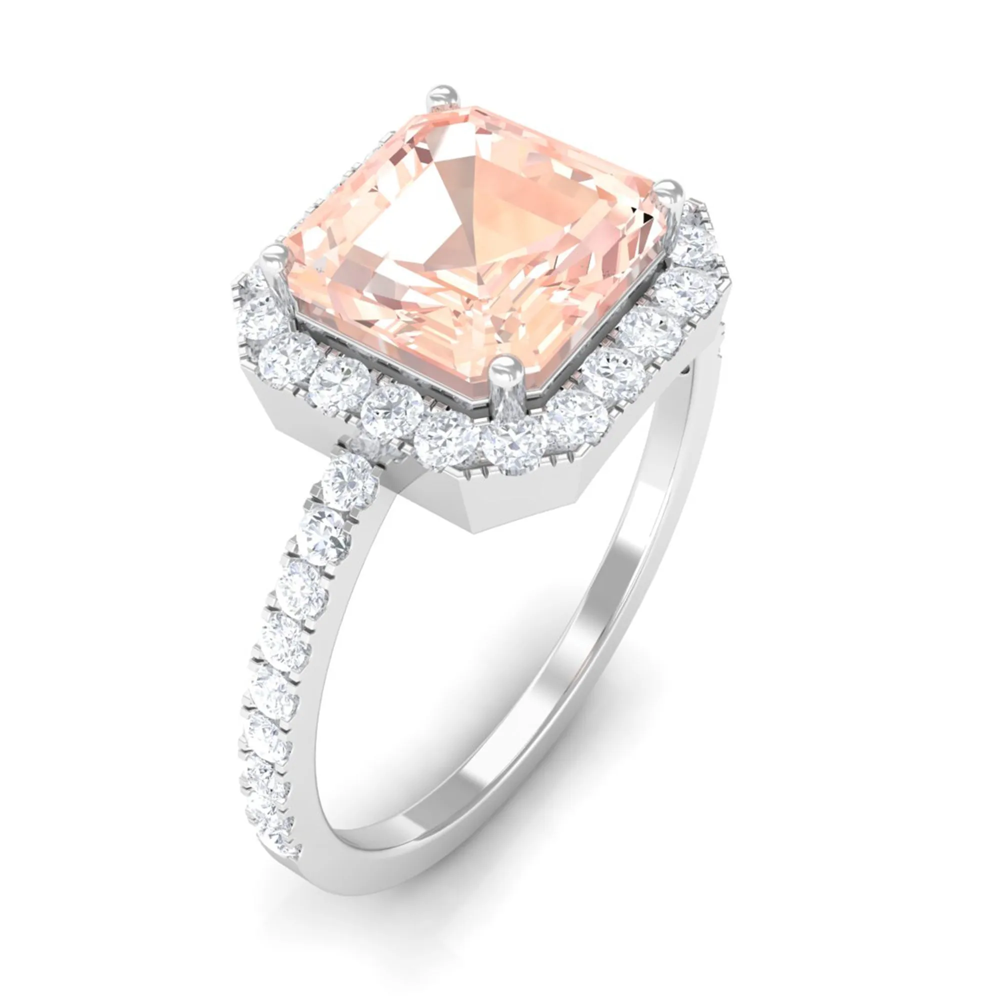 Asscher Cut Morganite Halo Engagement Ring with Diamond