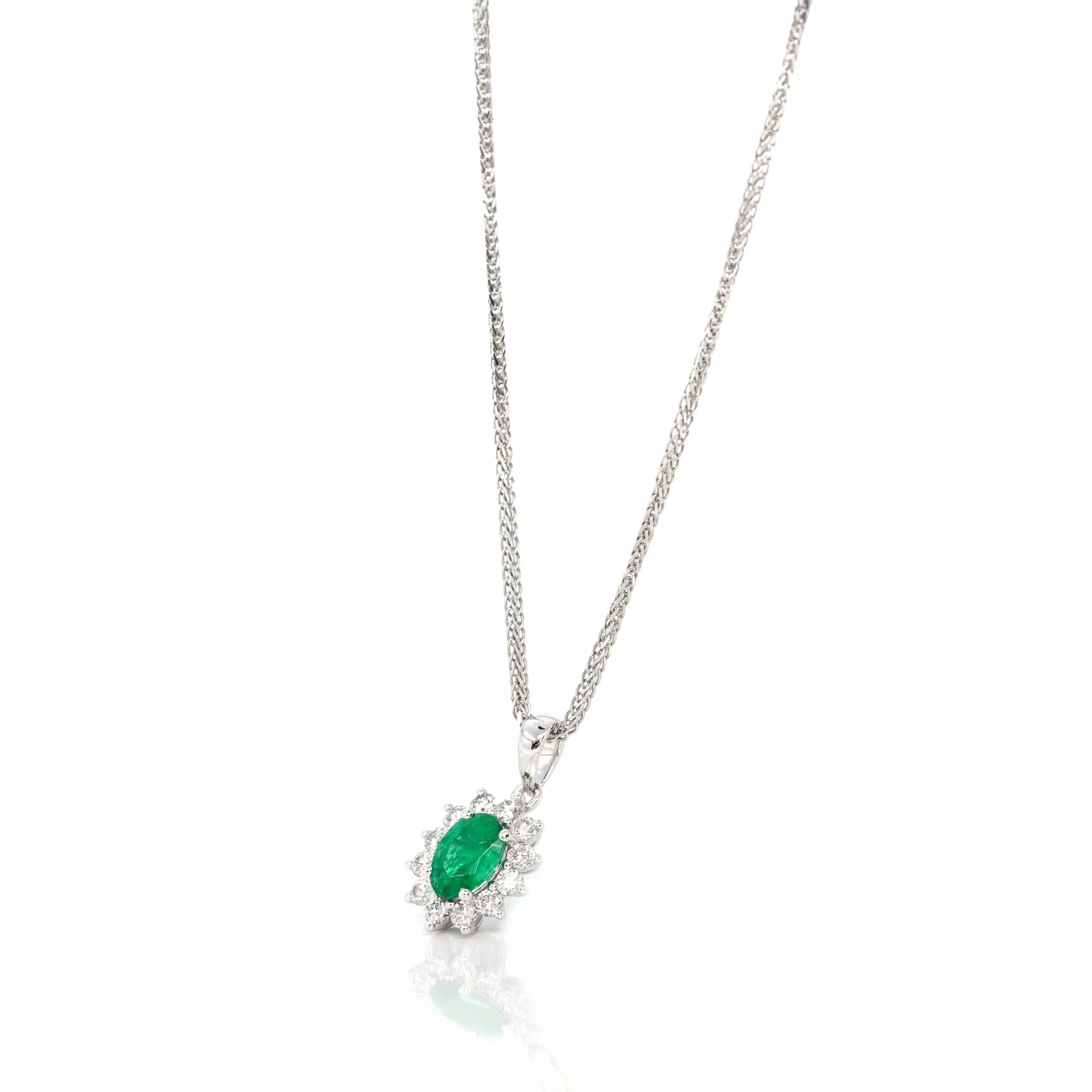 Baikalla™ 18k White Gold AAA Emerald Round 4 Prong Set Necklace With VS1 Diamond Halo