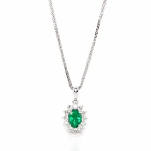 Baikalla™ 18k White Gold AAA Emerald Round 4 Prong Set Necklace With VS1 Diamond Halo