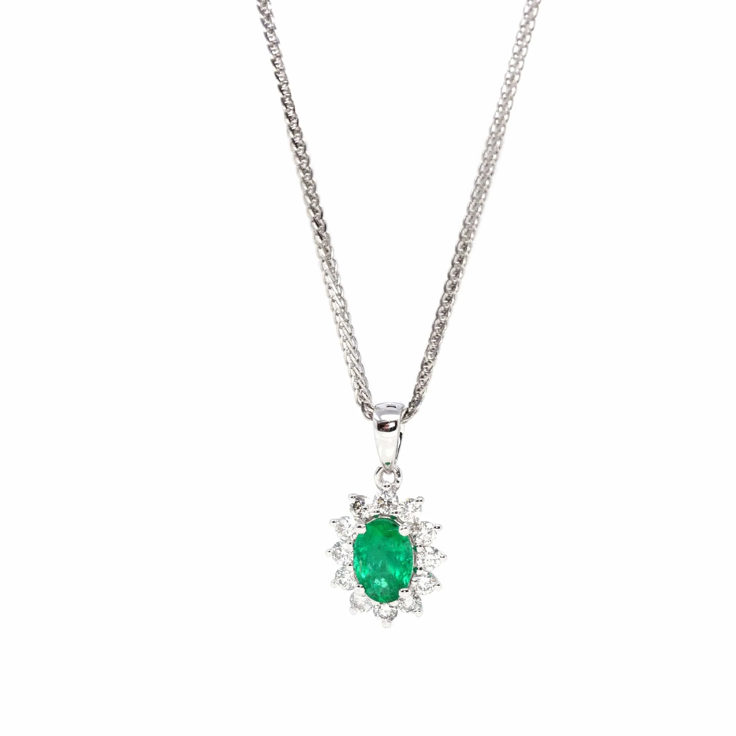 Baikalla™ 18k White Gold AAA Emerald Round 4 Prong Set Necklace With VS1 Diamond Halo