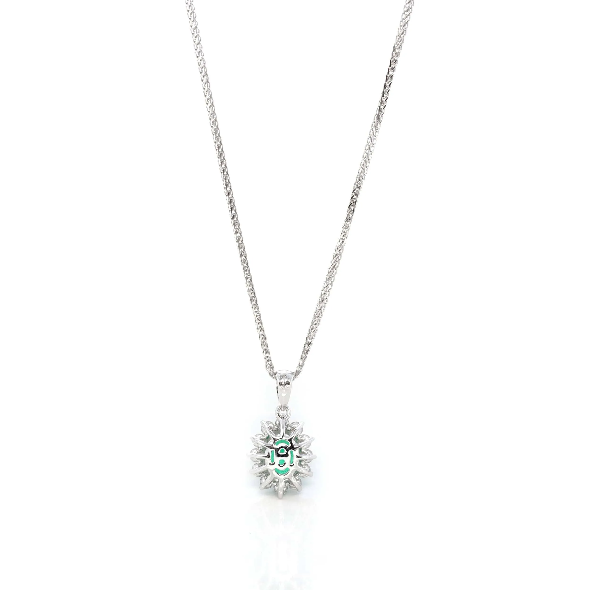 Baikalla™ 18k White Gold AAA Emerald Round 4 Prong Set Necklace With VS1 Diamond Halo