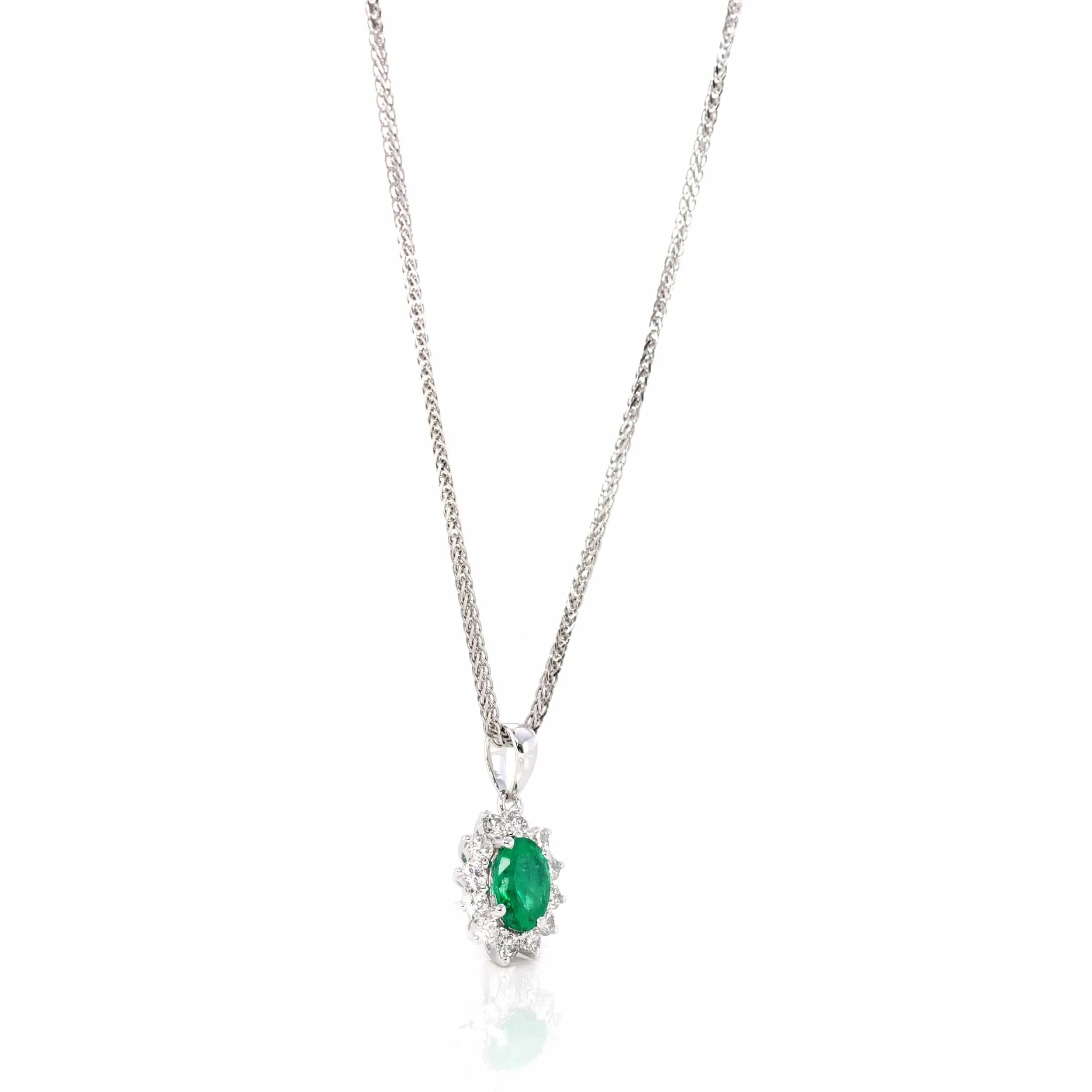 Baikalla™ 18k White Gold AAA Emerald Round 4 Prong Set Necklace With VS1 Diamond Halo