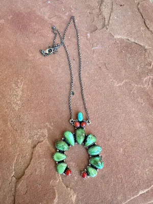 Beautiful Handmade Sterling Silver, Coral & Sonoran Turquoise NAJA Necklace