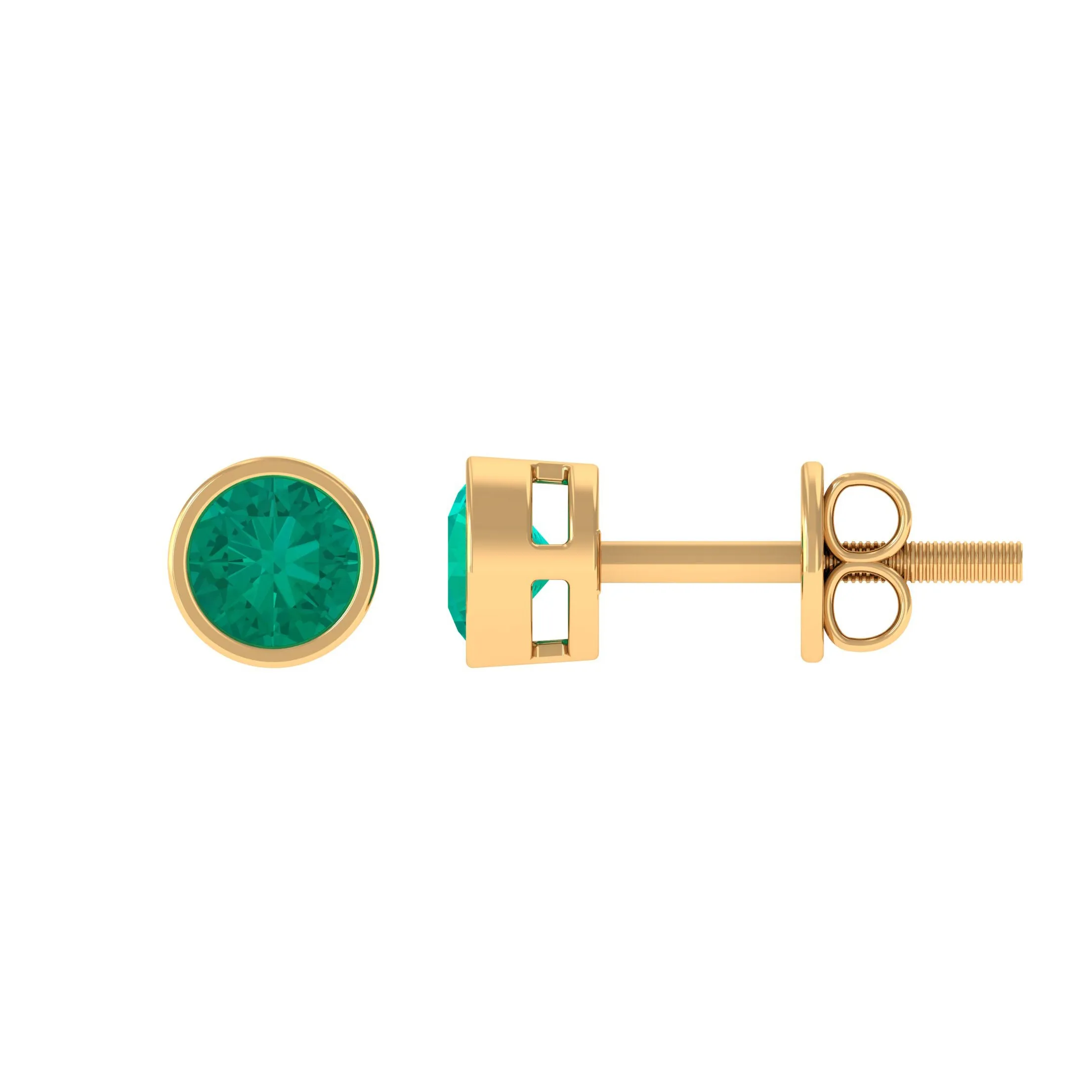 Bezel Set Round Emerald Solitaire Stud Earrings