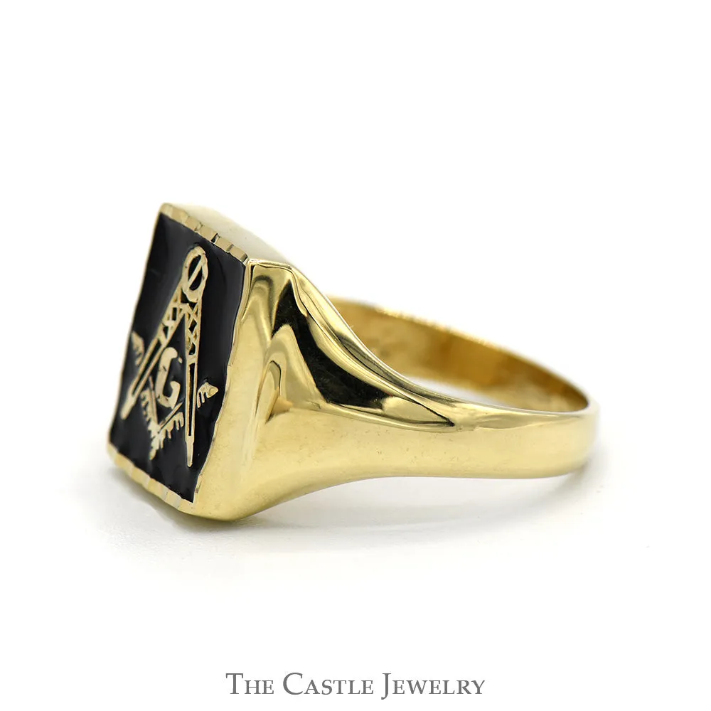 Black Enamel Masonic Square & Compass Signet Ring in 10k Yellow Gold