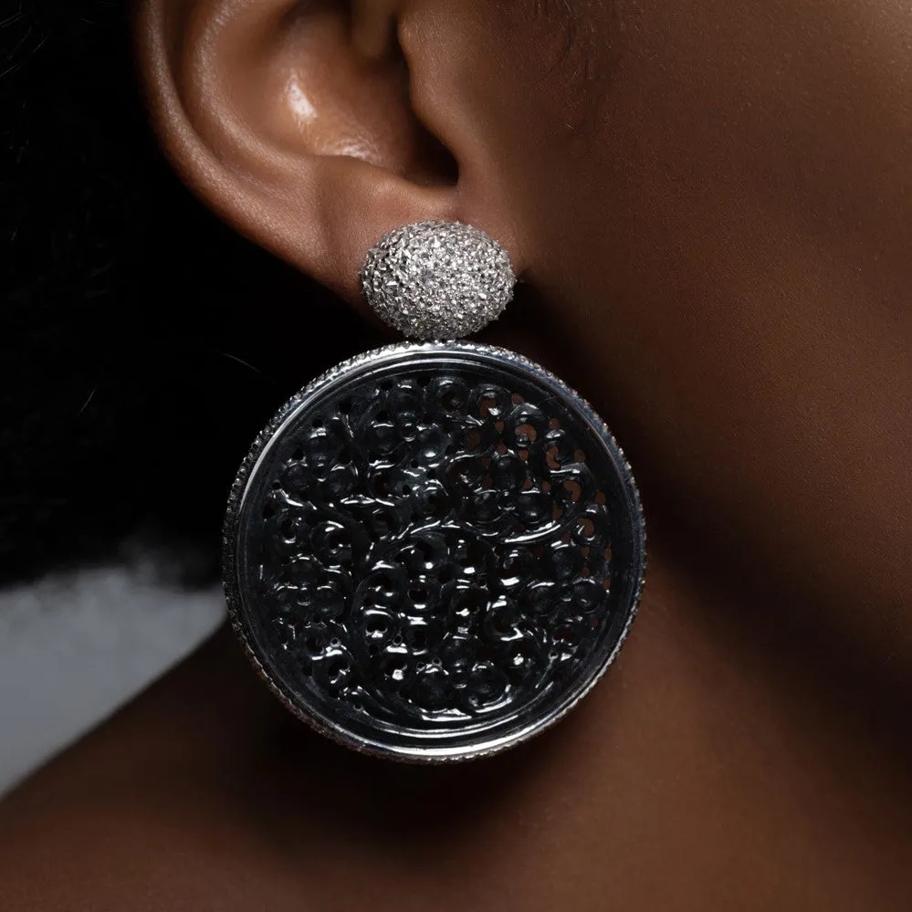 Black Jade & Diamond White Gold Earrings