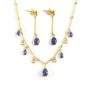 Blue Water Drop 24K Gold-Plated Copper Necklace Barceket Jewelry Set Gift Present for Woman