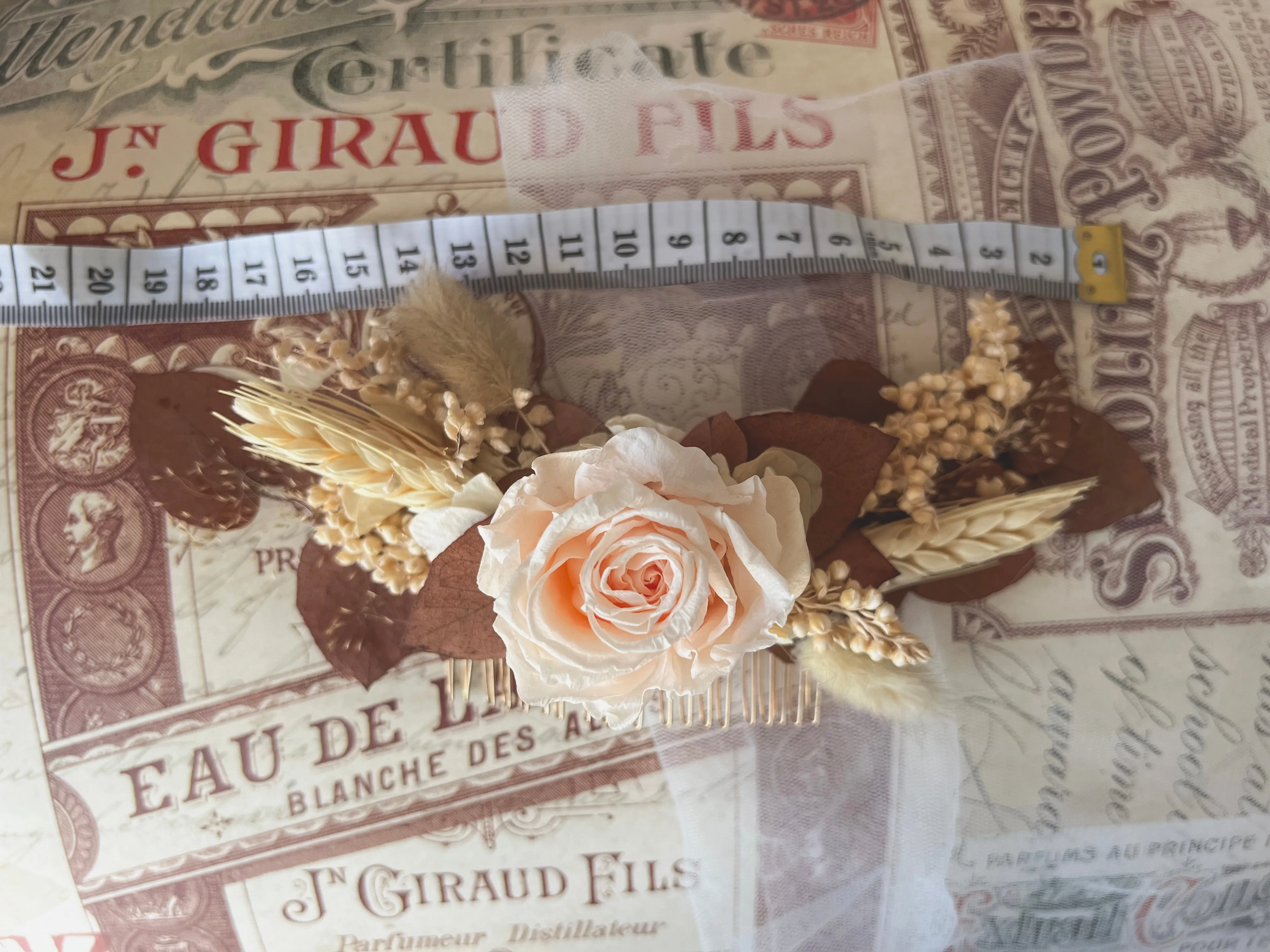 Boho Rustic Floral Hair Comb, Brown and Ivory Flower Hair Accessories, Pastel Flower Headpiece