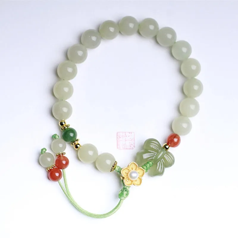 Buddha Stones 925 Sterling Silver Jade Luck Flower Butterfly Bracelet