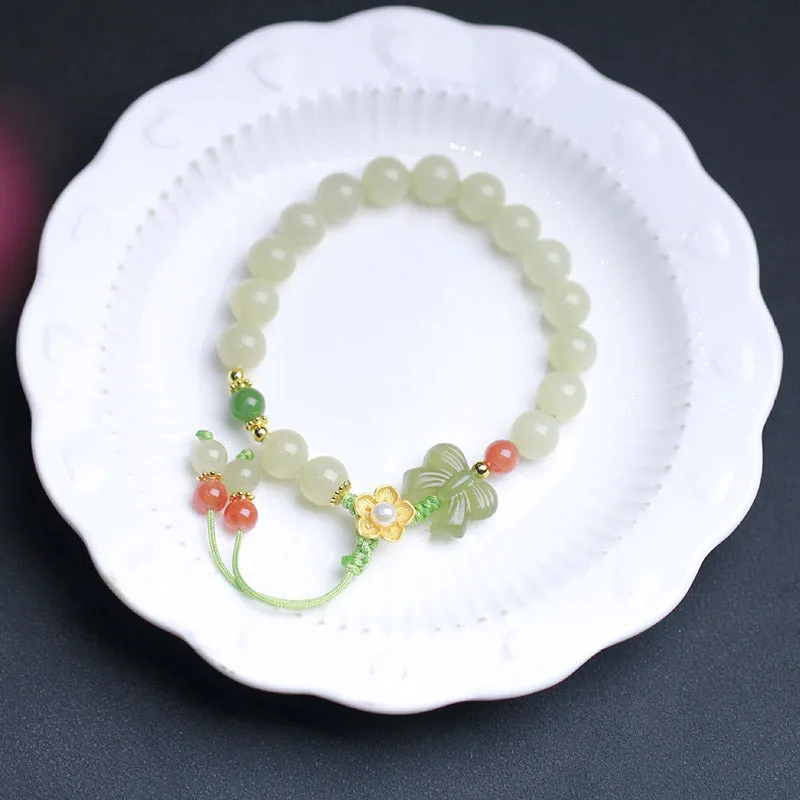 Buddha Stones 925 Sterling Silver Jade Luck Flower Butterfly Bracelet