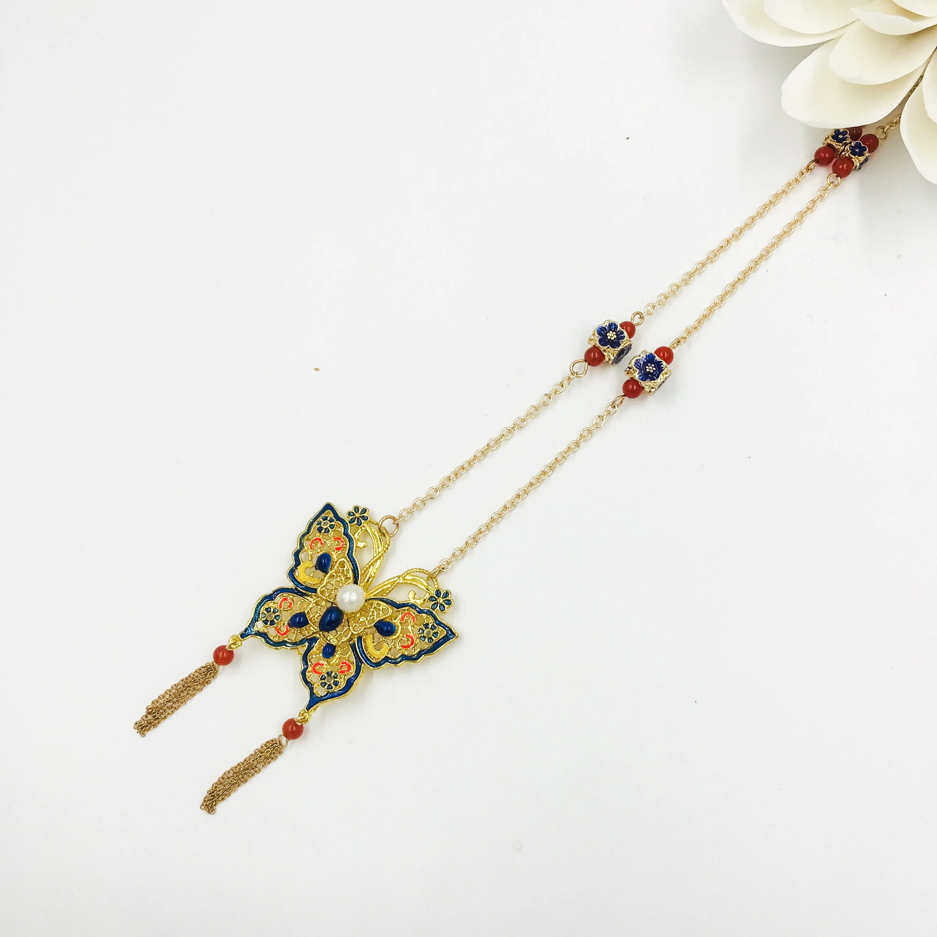 Butterfly Enamel Tassel Necklace