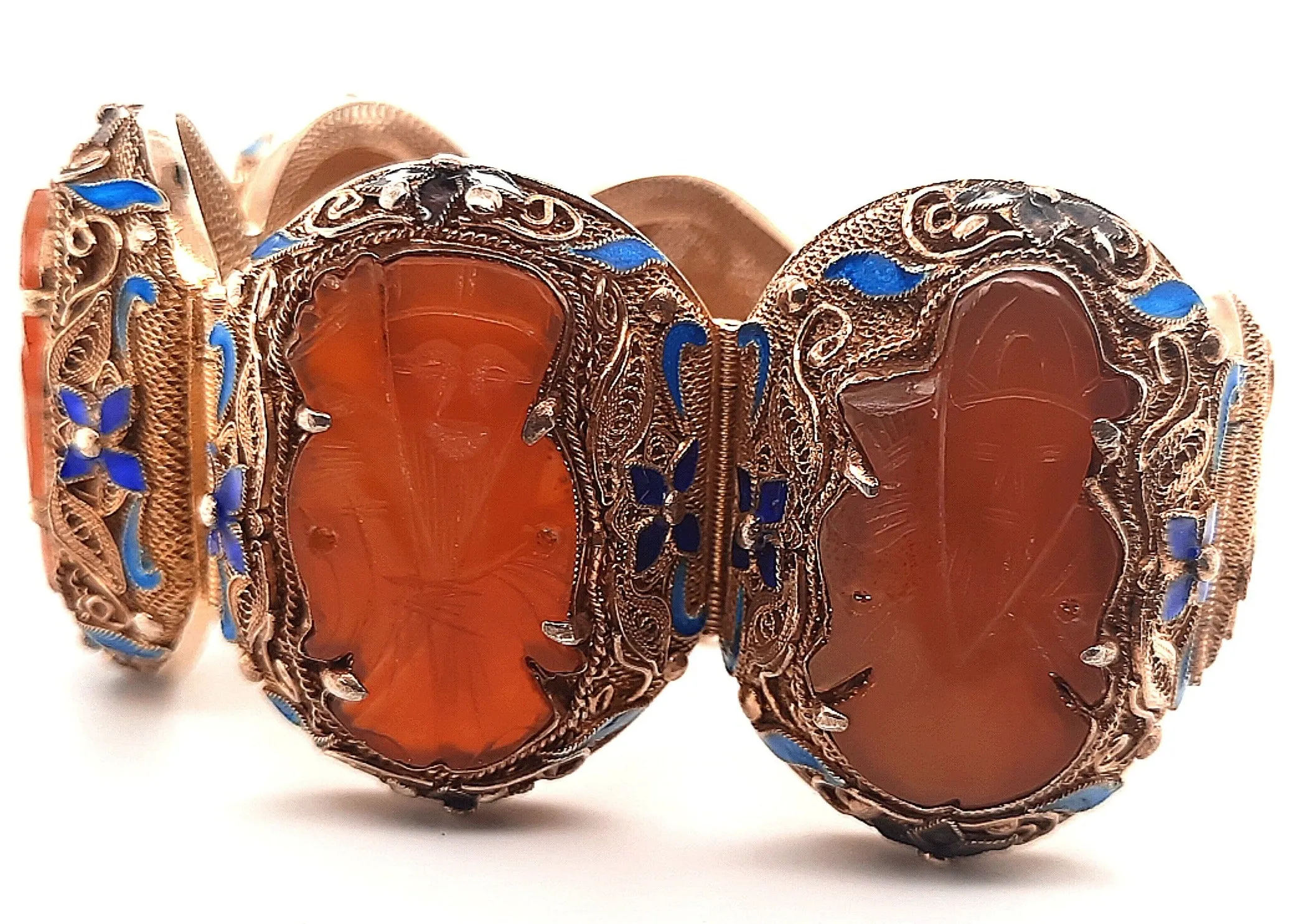 Carnelian & Enamel Gold Plated Silver Vintage Chinese Bracelet