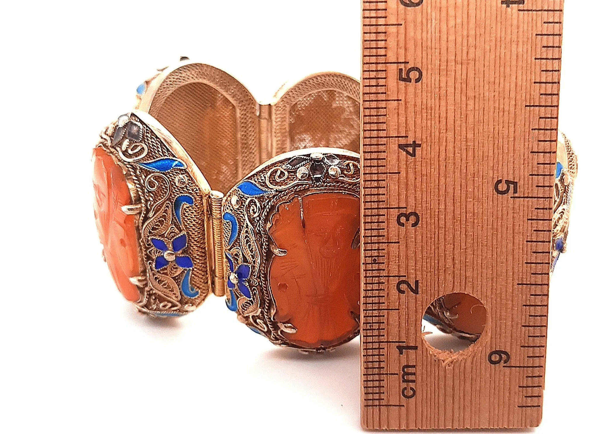 Carnelian & Enamel Gold Plated Silver Vintage Chinese Bracelet